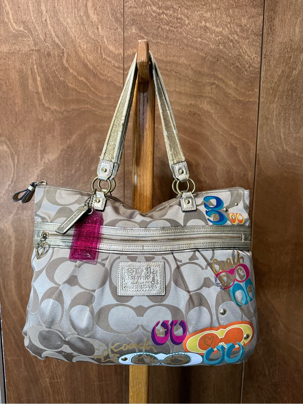Coach F20099 Poppy Canvas Beige Signature C Graffiti Print Tote/Shoulder Bag